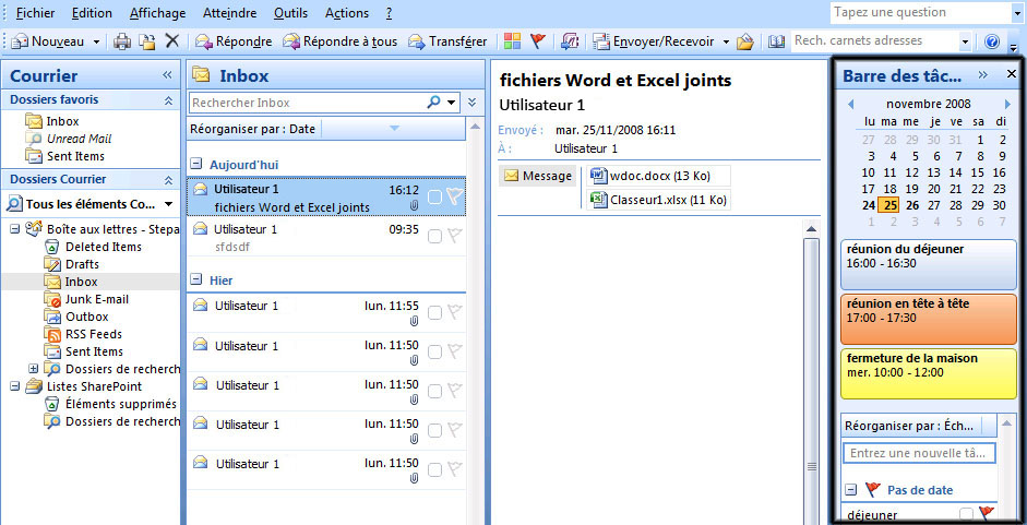 Barre des tâches dans Outlook 2007