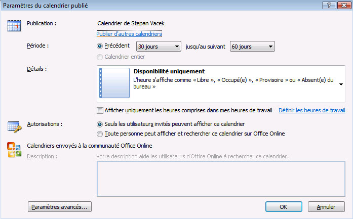 Options de publication de calendrier pour Office Online