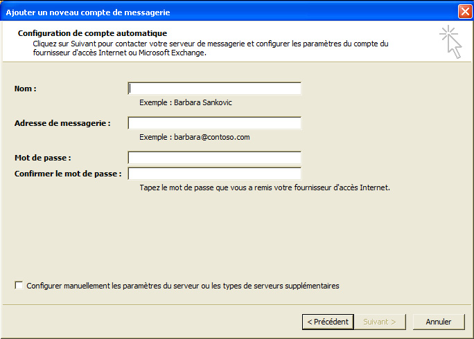 Ajouter le compte de messagerie lorsque ExchangeAddressDetect=0