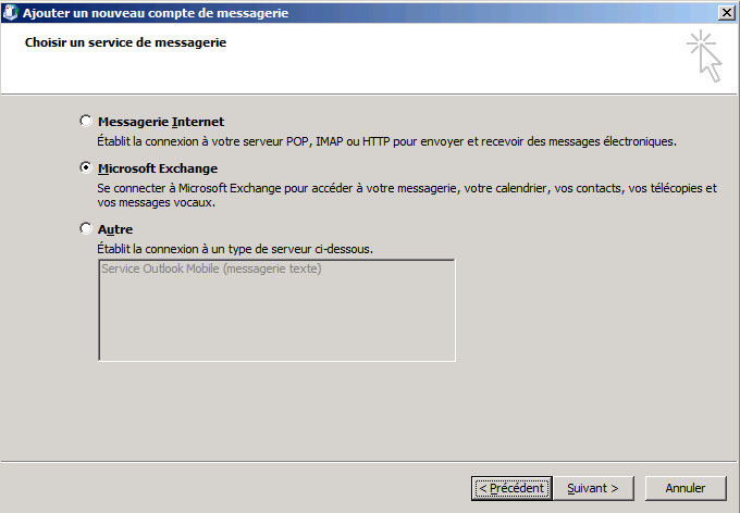 Boîte de dialogue Choisir un service de messagerie