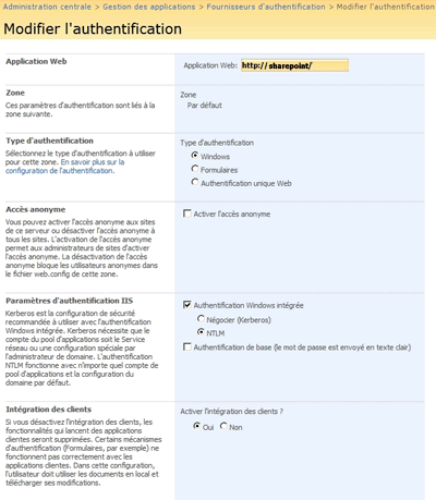 Page Modifier l’authentification