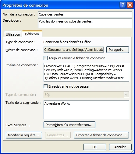 Services Excel : paramètres de propriété de connexion