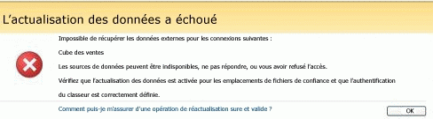 Services Excel : message d’échec de l’actualisation des données