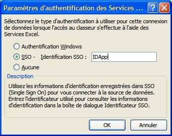 Boîte de dialogue Paramètres d’authentification des services Excel