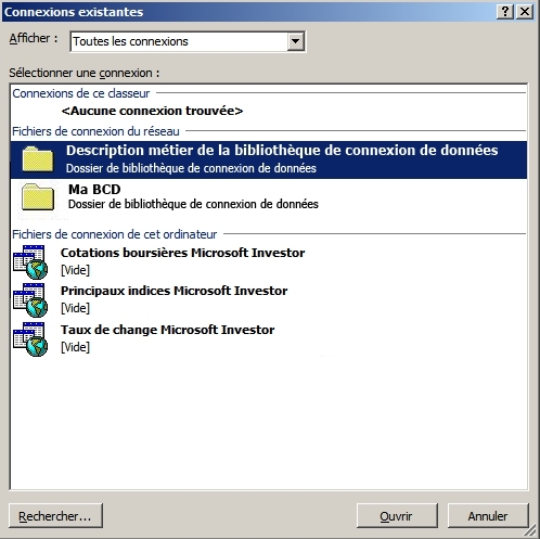 Services Excel : fichiers de connexion existantes