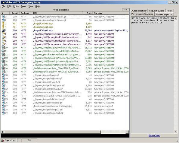 Résultats de l’outil Fiddler pour le site SharePoint