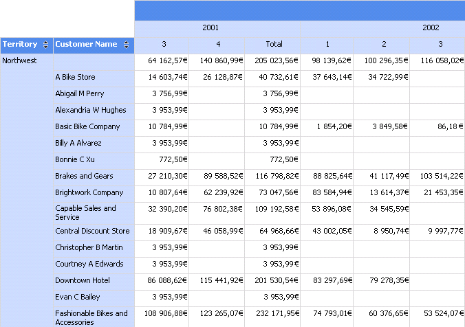 Rapport de matrice rendu avec des colonnes imbriquées