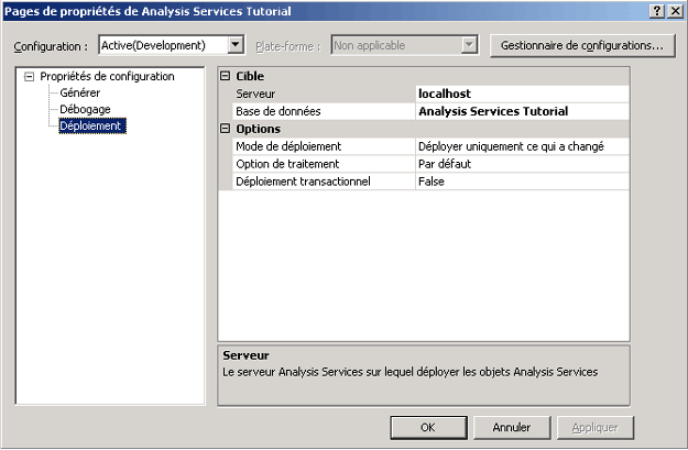 Boîte de dialogue des pages de propriétés du didacticiel Analysis Services