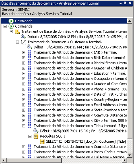 Nœud 1 de requêtes SQL dans la fenêtre État d'avancement du déploiement