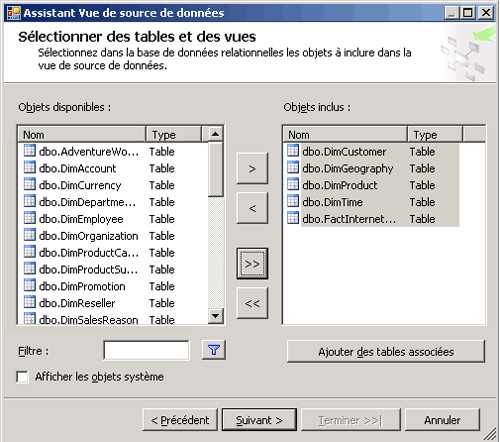 Page de l'Assistant Sélectionner des tables et des vues