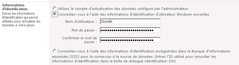 Section sur les informations d'identification de la page Configurer l'actualisation des données