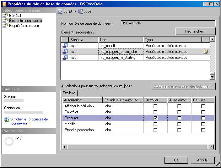 Page de propriétés du rôle de base de données