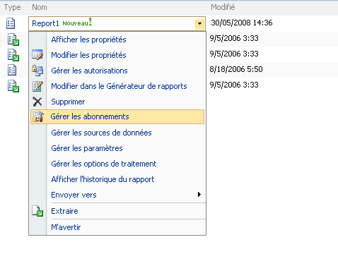 Commandes de menu pour les éléments de serveur de rapports