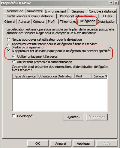 Page de propriétés de compte dans Active Directory