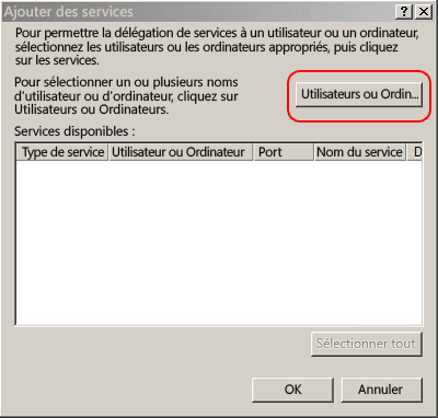 Page Ajouter des services dans Active Directory