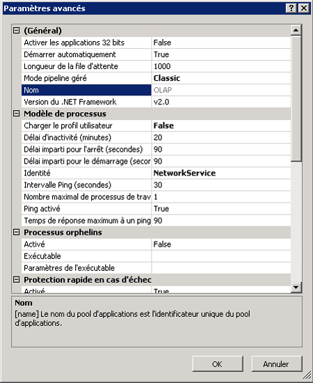 Capture d'écran de la page de propriétés des paramètres avancés