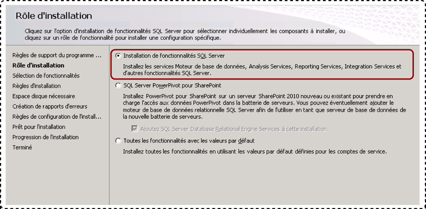 Installation de fonctionnalités SQL Server pour le rôle d'installation