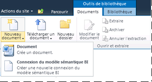 Sous-menu Nouveau document dans une bibliothèque SharePoint