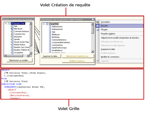 Concepteur de requêtes DMX Analysis Services, affichage des requêtes