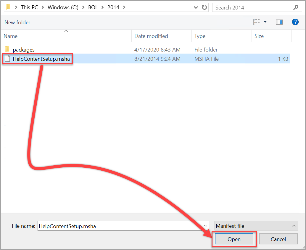 Ouvrir le fichier d’aide de SQL Server 2014 Setup.msha