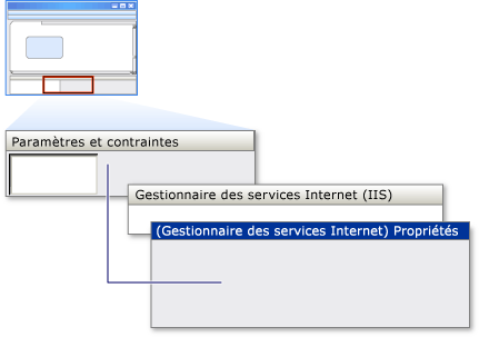 Volet Paramètres et boîte de dialogue Propriétés de IIS