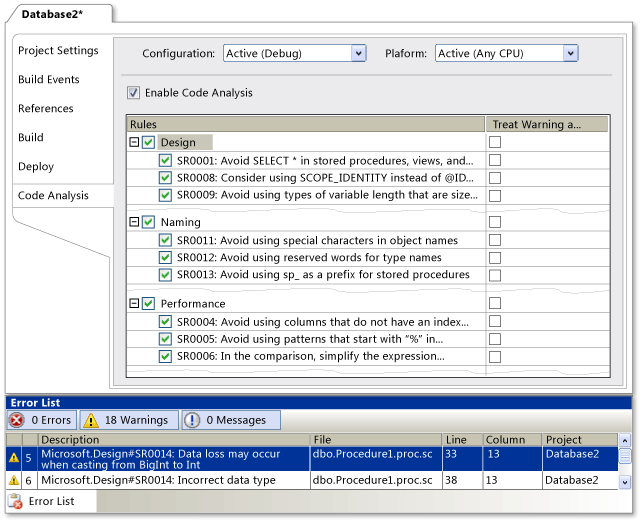 Configuration et résultats de l'analyse du code de la base de données