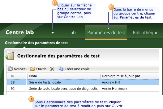 Modification des paramètres d'un test existant