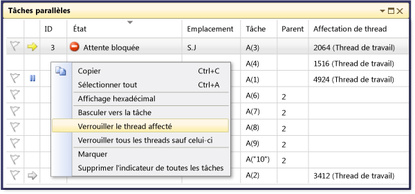 Menu contextuel de la fenêtre Tâches parallèles développé