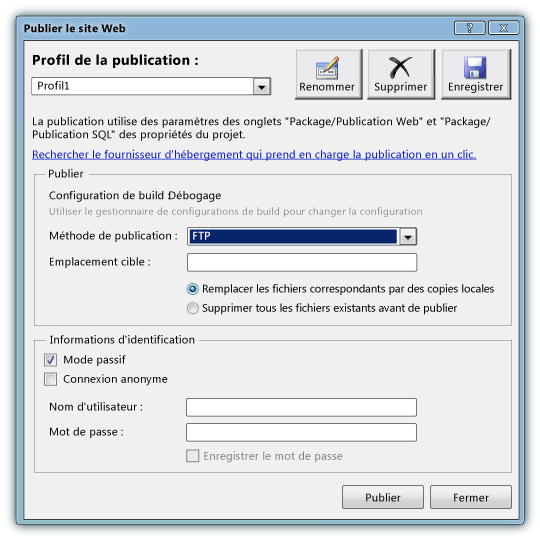 Boîte de dialogue Publier le site Web avec FTP sélectionné
