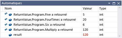 Valeurs de retour de la méthode dans la fenêtre Automatique