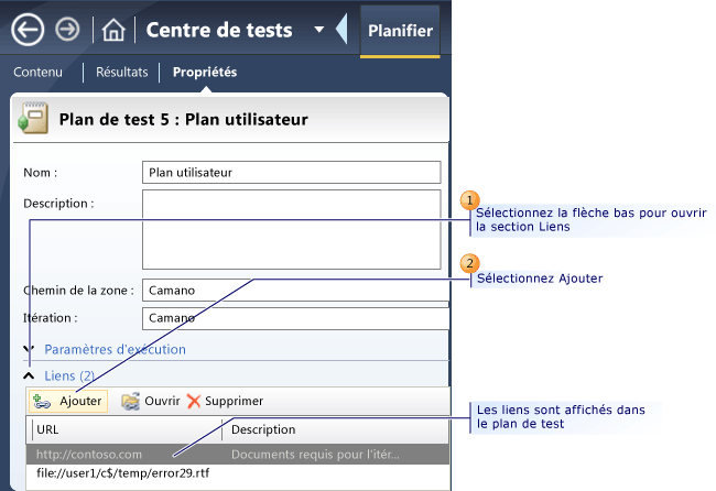 Ajouter des liens externes au plan de test