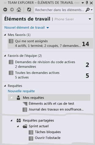 Requêtes d'élément de travail et favoris dans Team Explorer
