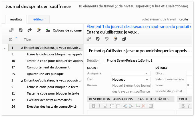 Affichage côte à côte des résultats de la requête