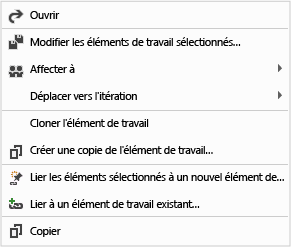 Menu de raccourci vers un élément de travail de Team Web Access