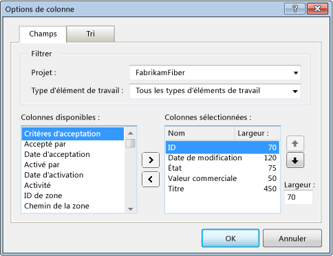 Exemple d'options de colonne de requête