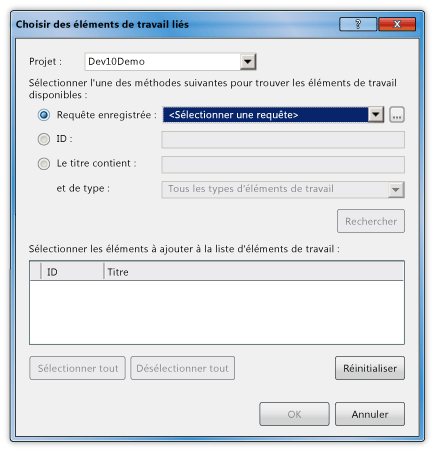 Boîte de dialogue Choisir des éléments de travail liés