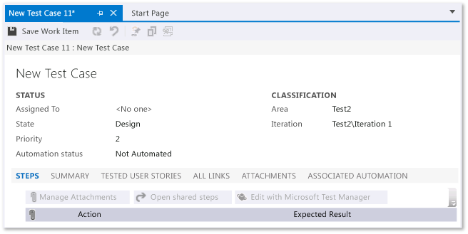 Formulaire d'élément de travail pour le cas de test