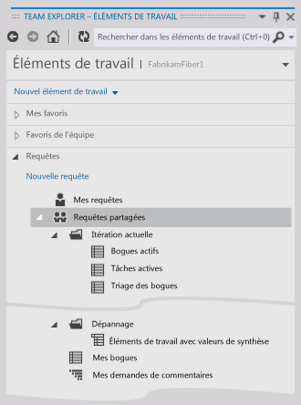 Liste des requêtes d'équipe MSF Agile dans Team Explorer