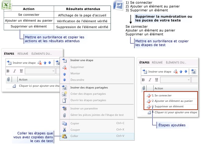 Ajouter des étapes de test à partir de Microsoft Excel ou Word