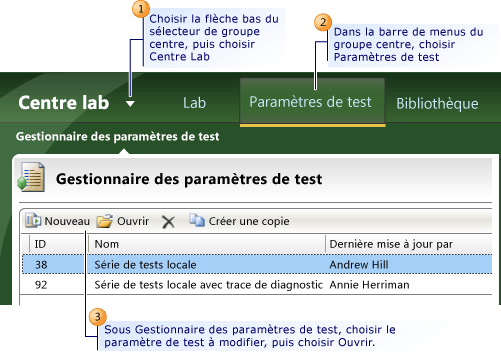 Modification des paramètres d'un test existant