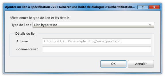 Boîte de dialogue Ajouter un lien hypertexte