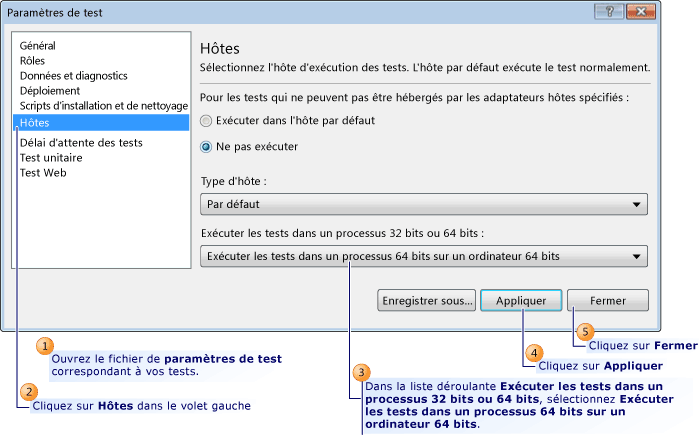 Configuration des paramètres de test pour 64 bits