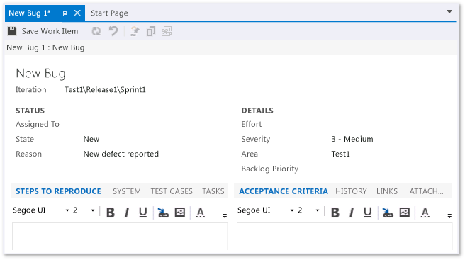 Capture d'écran présentant un nouvel élément de travail Bogue