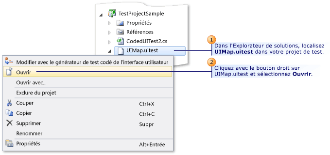 Menu contextuel Édition avec le Générateur de test codé de l'IU