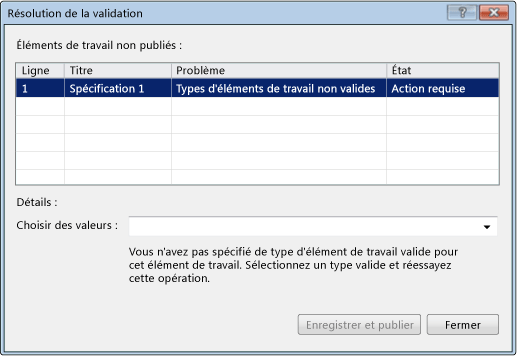 Choisir un type d'élément de travail valide