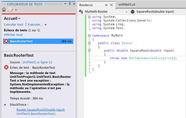 Explorateur de tests unitaires indiquant un échec de test.