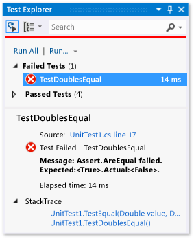 Explorateur de tests unitaires indiquant un échec de test pour l'égalité