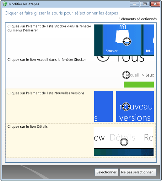 Sélection des étapes à inclure dans le bogue