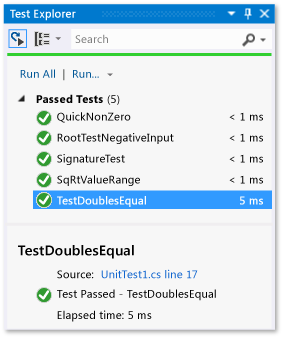 Explorateur de tests unitaires indiquant un test réussi pour l'égalité