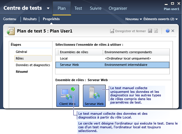 Page Rôle de paramètres de test